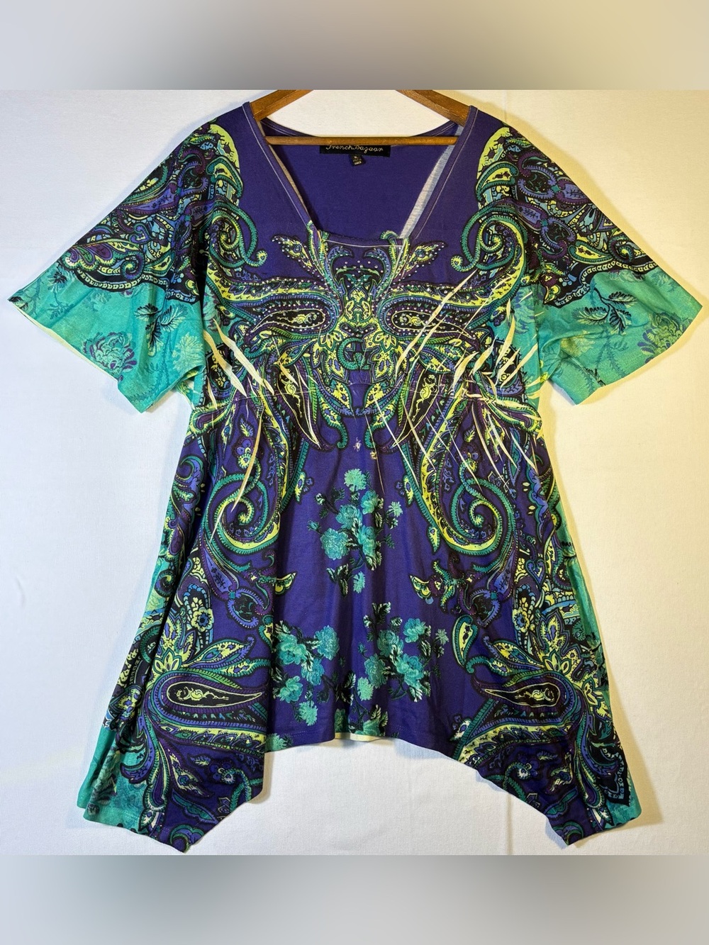 French Bazaar Women’s XL Boho Paisley V-Neck Tunic Top in Purple and Teal